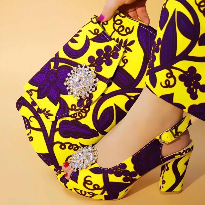 2019 New yellow Matching Shoes and Bag Set In Heels African Shoes