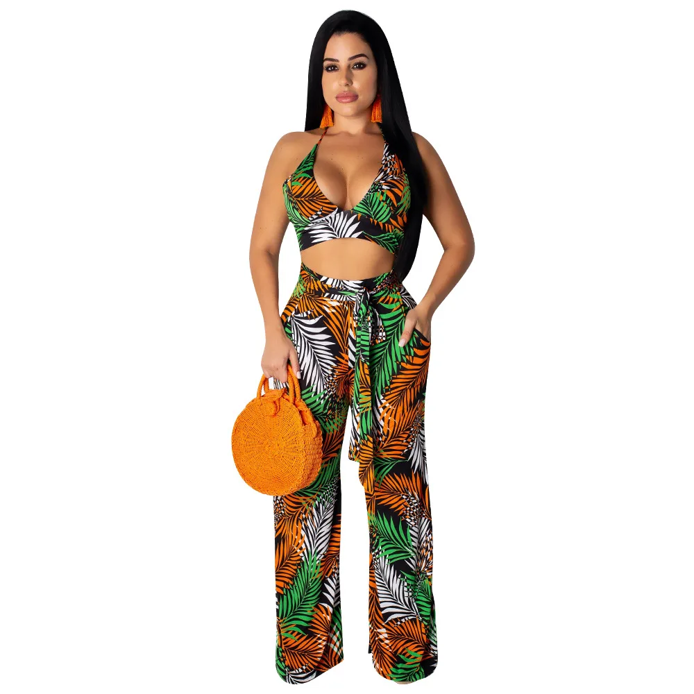 Women's 2 Piece Wide Leg Pant Sets Floral Tie Front Crop Tops Long Pants Metching Outfits 