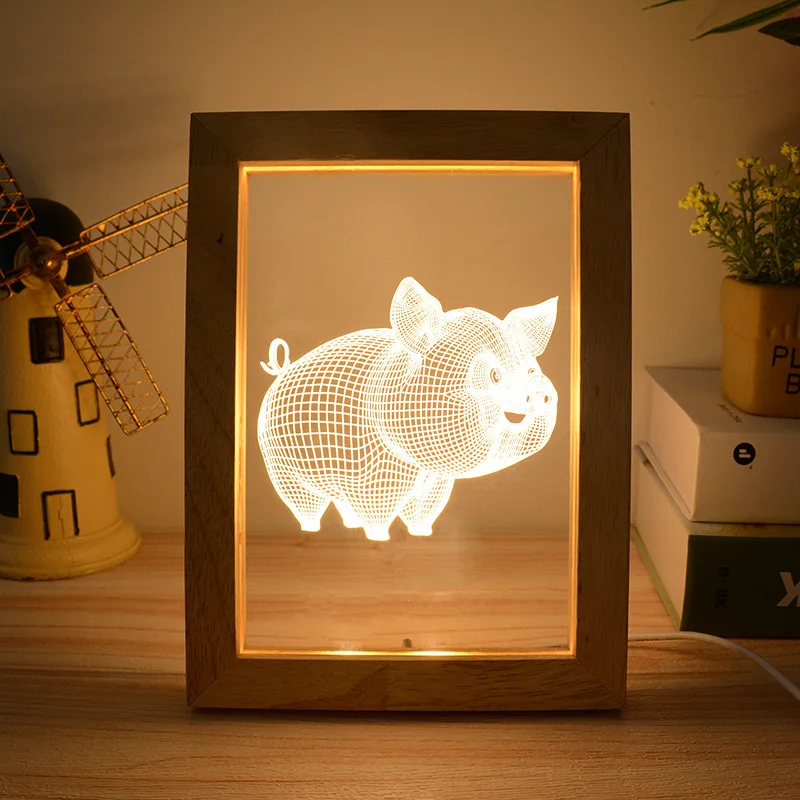 Creative 3D Wood Photo Frame Night Light USB Port Wood LED Desk Lamp Cute Pig Pattern Vision Home Deco