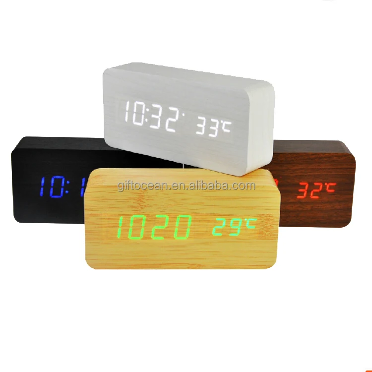 LED Digital Segments Display Wooden MDF Desktop Alarm Clock