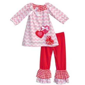Boutique Remake Kids Clothing Sets Chevron Shirts With Love Heart Shaped Red Ruffle Pants Baby Girls Outfits For Valentine