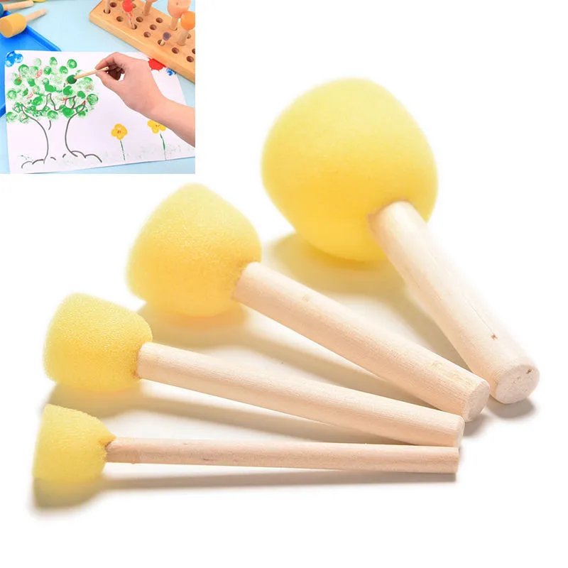 4PCS Sponge yellow Paint Brush Wooden Handle Painting Graffiti Kids DIY Doodle Toys Art Children Tool