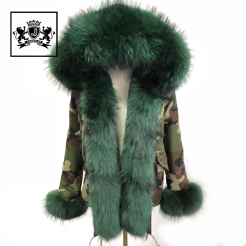 Janefur Zipper Design Raccoon Fur Collar Camouflage Winter Parka Coat Women Faux Fur Lined Parka