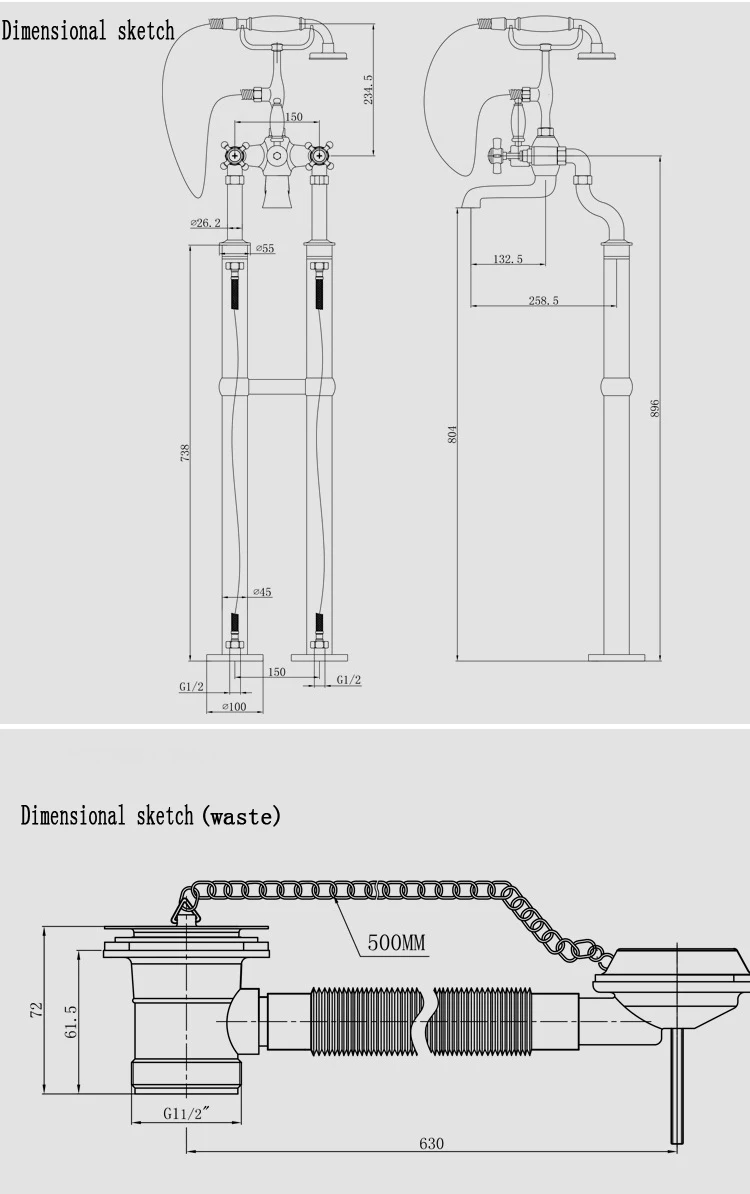 Traditional Floor Mounted Bath Shower Mixer - Gold factory