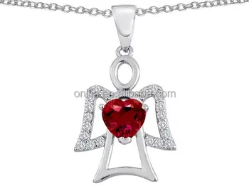 925 Sterling Silver Guardian Angel Love and Garnet Heart Pendant Necklace