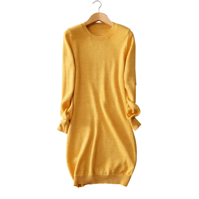 100 wool picture yellow Women s dress knitted dresses long sleeve standard thick warm font b