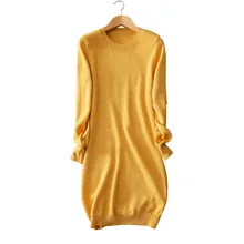 100 wool picture yellow Women s dress knitted dresses long sleeve standard thick warm font b