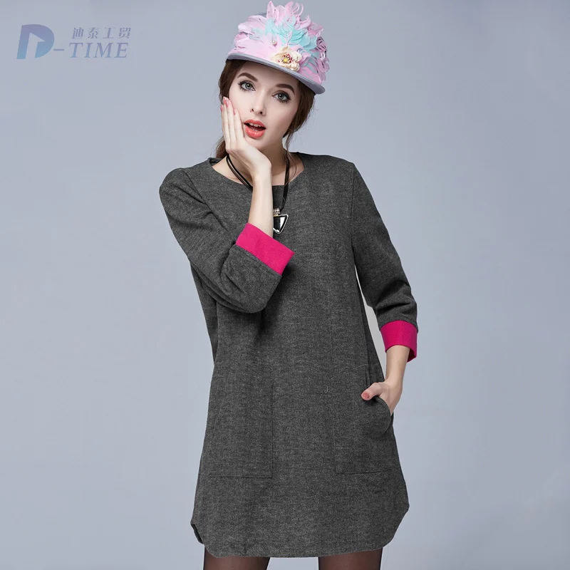 On sale 2015 design Plus size fashion women woolen dresses gray 5XL three quarters sleeves women