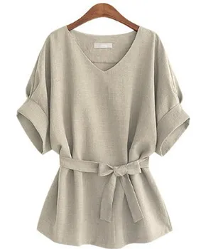 Summer Women Blouses Linen Tunic Shirt V Neck Big Bow Batwing Tie Loose Ladies Blouse Female Top For Tops 5XL 10% off