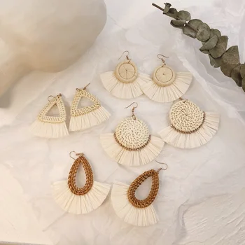 Natural Bamboo Earrings Rattan Earrings Geometric Recyclable Raffia Tassel Earrings
