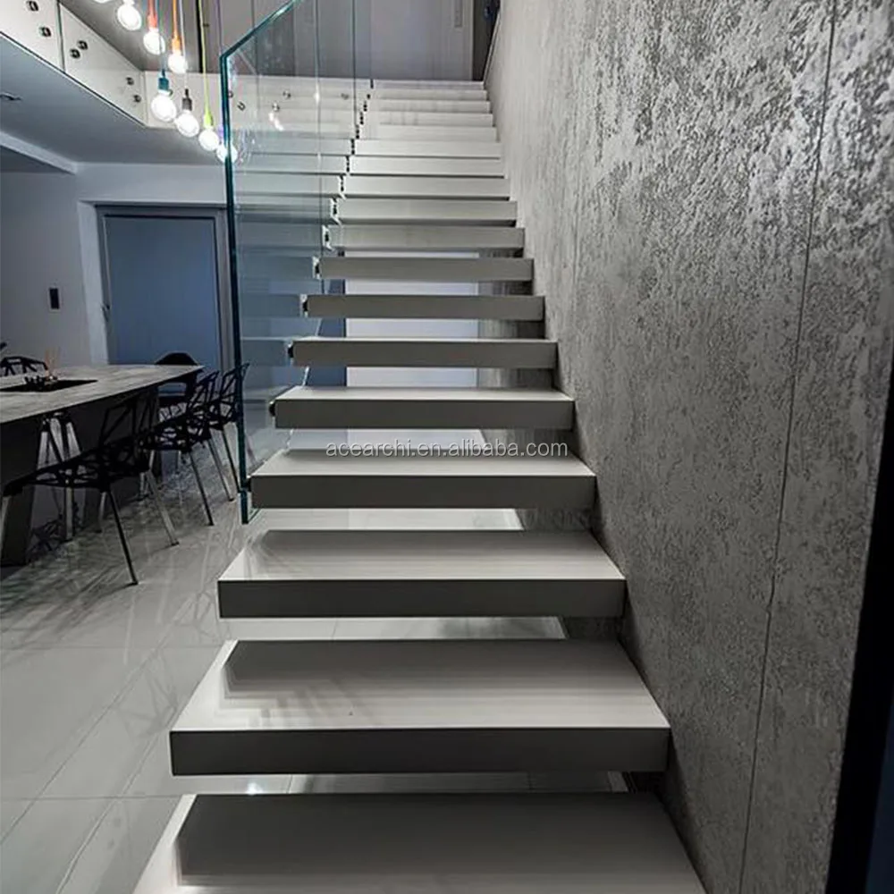 Modern Design Floating Staircase with LED Light Straight Staircase Stringer Hidden