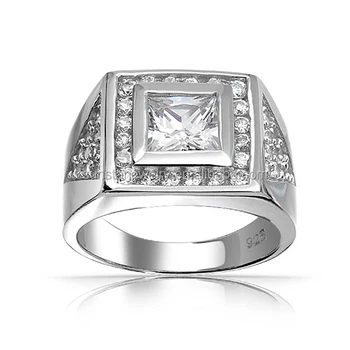 Sterling silver square princess cut cz pave mens engagement ring