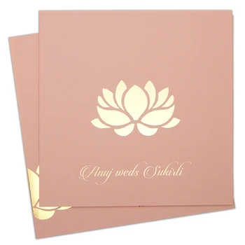Laser Cut Luxury Gold Design Muslim Fancy Wedding Invitation Card Whashed Pink