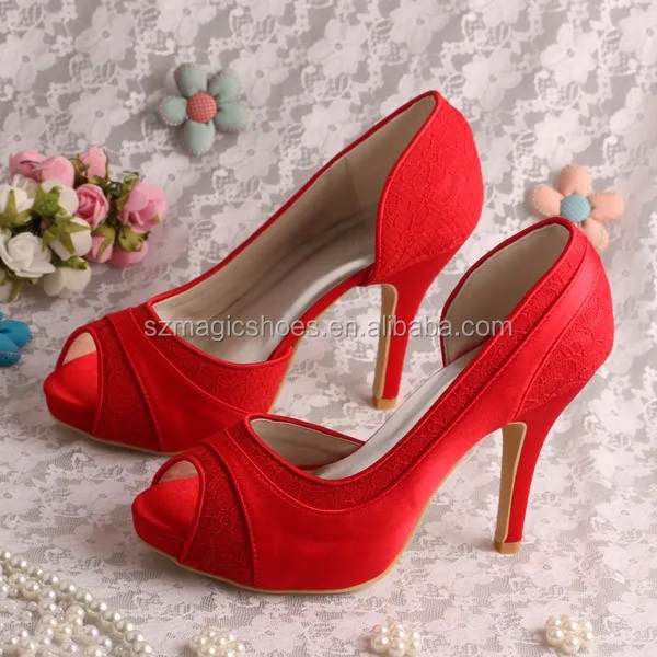 Zapatos De Satén Y Tela De Encaje Rojo Para Novia 10cm - Buy Zapatos De Novia De Encaje Rojo,Zapatos De Boda De Novia Rojo,Zapatos De Boda Rojo 10 Cm Product