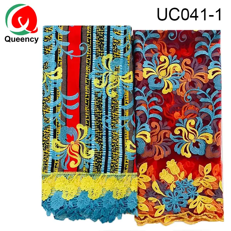 
Африканская ткань Queency с восковым принтом Анкары, вышивка перьями с кружевом, французское Тюлевое кружево 