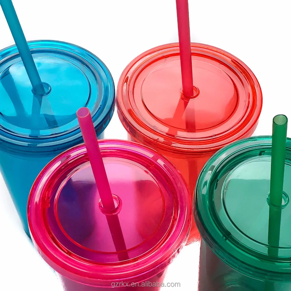 Оптовая продажа индивидуальная пластиковая чашка с крышкой и соломинкой акриловая Двухстенная для напитков прозрачная