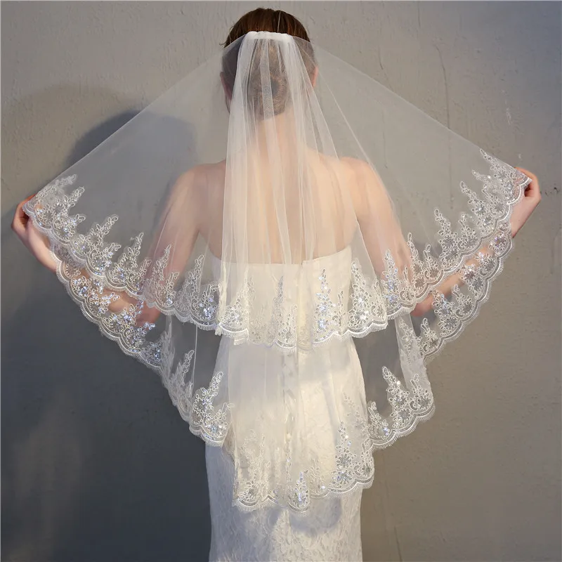 Exquisite Two Layer Lace Sequined Bridal Veils With Comb Dx90 Buy Bridal Veil Organza Sequin Wedding Veil Lace Trim Wedding Veil Product On Alibaba Com