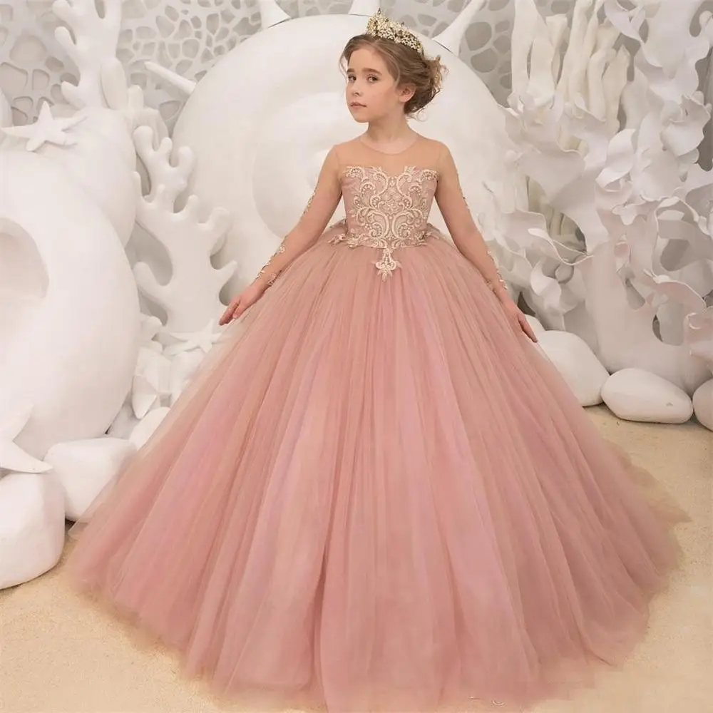 Pink Flower Girls Dresses For Weddings - Long Sleeve Tulle Lace Pink Flower Girls Dresses For Weddings - Long Sleeve Tulle Lace
