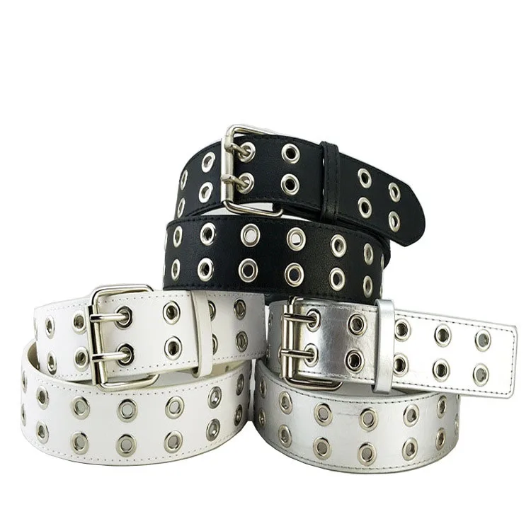 black leather belt with silver holes
