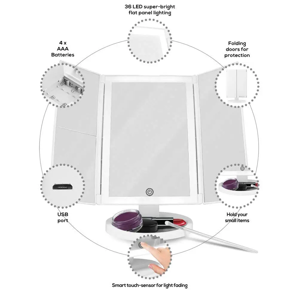 Makeup Vanity Mirror with 36 LED Lights, Touch-Screen Light Control, Tri-Fold 1X 2X 3X Magnification Sections