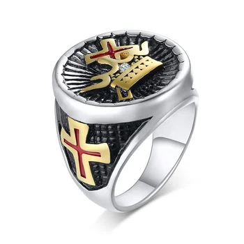 Stainless Steel Two Tone Silver 18K Plated Gold Cross Beside Crown Rings For Men Jewelry