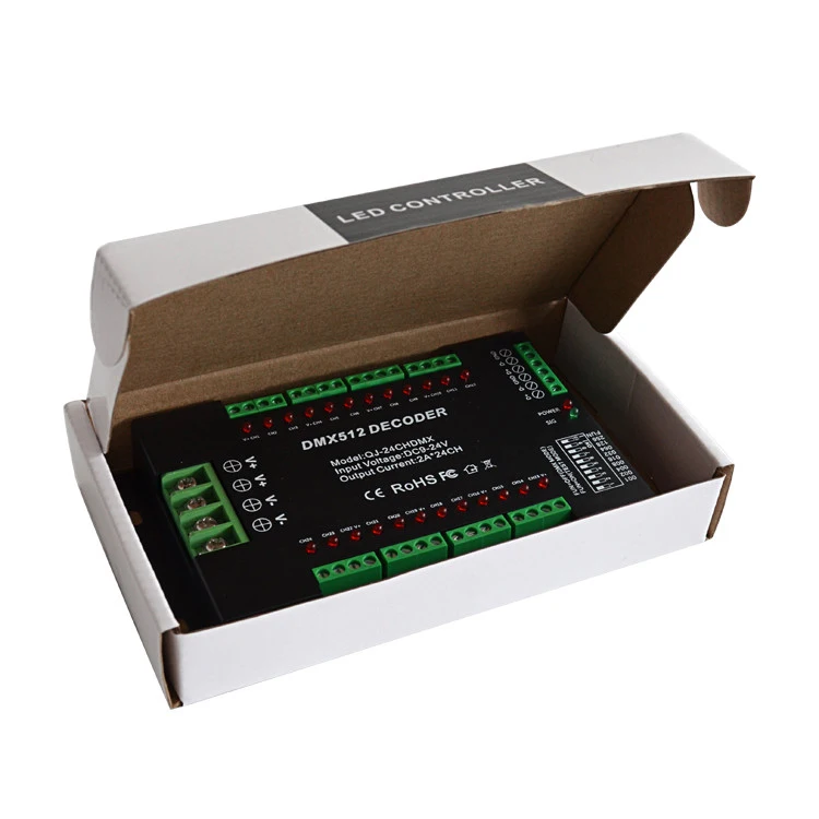 
24 канала RGB DMX512 светодиодного декодера со световым индикатором управлять одним или светильник с новой уникальной технологией рассеивания света cо лампы для рекламная модуль 