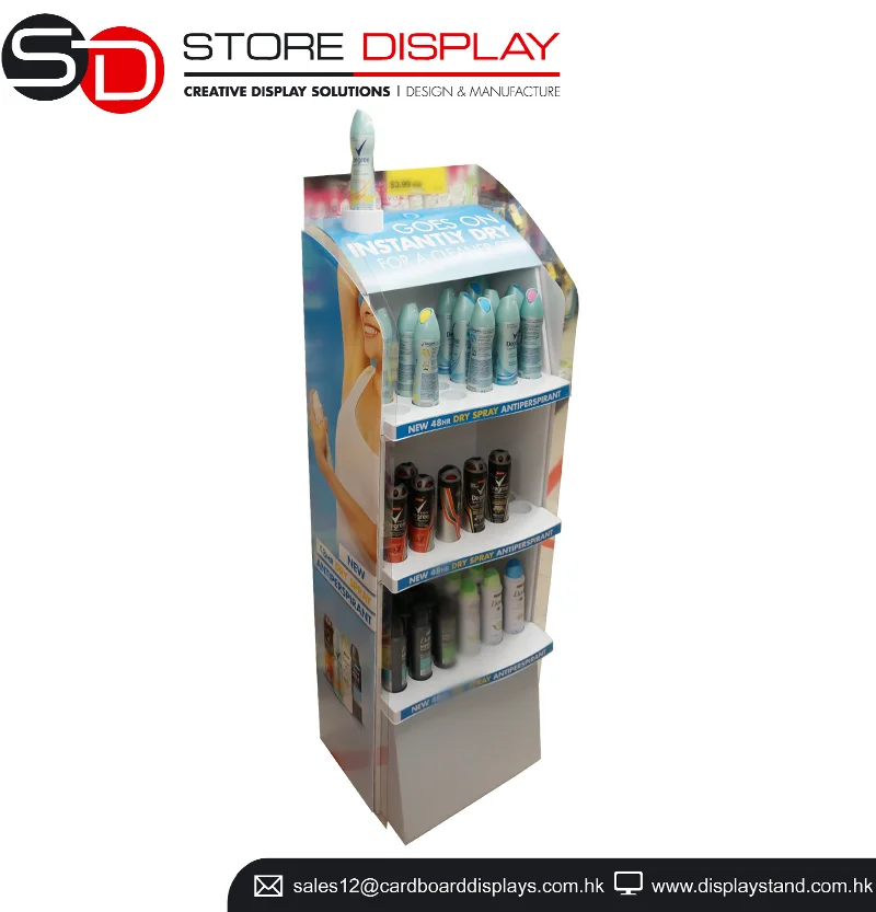 Popular Design Cardboard and PVC Material Deodorant Spray Floor Display Rack