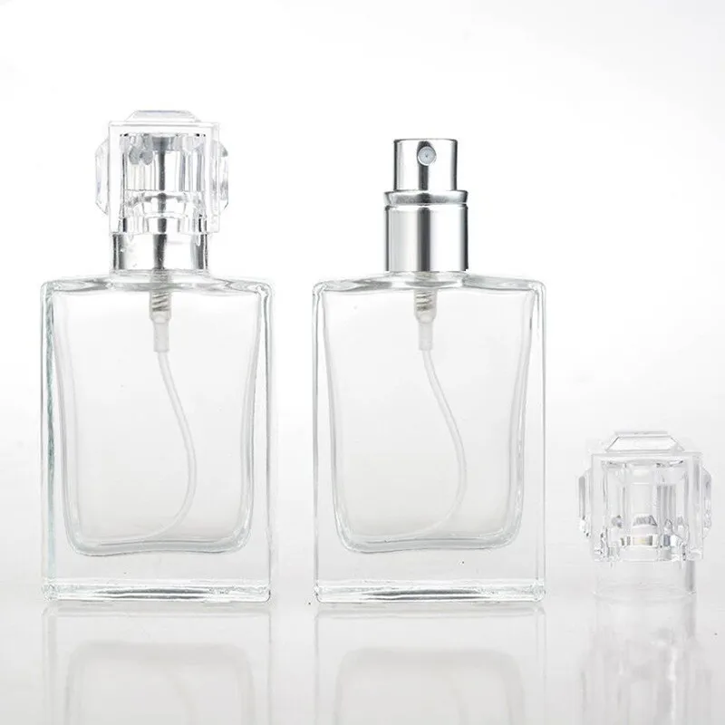 Hot Sale 30ml Rectangle Clear Transparent Glass Empty Spray Perfume Bottle Square Shape with Pump Sprayer Minimum Order 100pcs