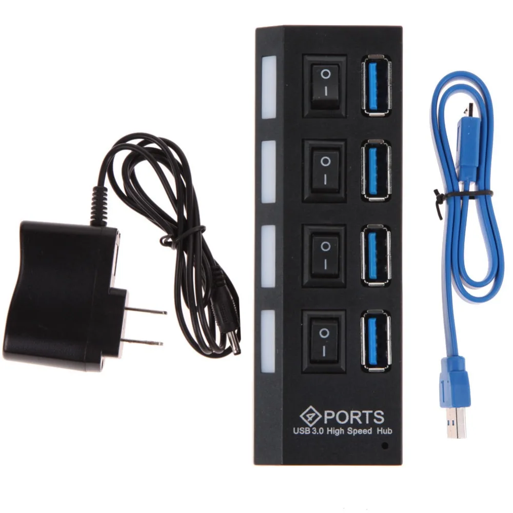 New 4 Port USB 3.0 Hub On/Off Switches AC Power Adapter Cable for PC Laptop 