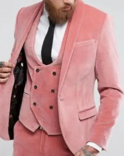 Pink Velvet Slim Fit Men Suit Wedding Groom Tuxedos 3 Piece Formal Suit Custom 