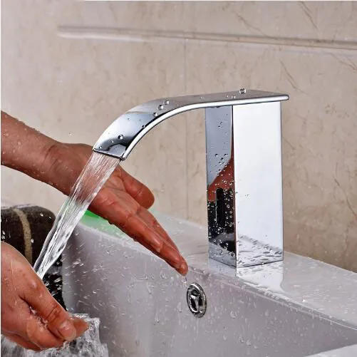 Chrome Waterfall Bathroom 100% Brass Sense Water Taps Hand Washer Automatic Basin Sensor Faucets