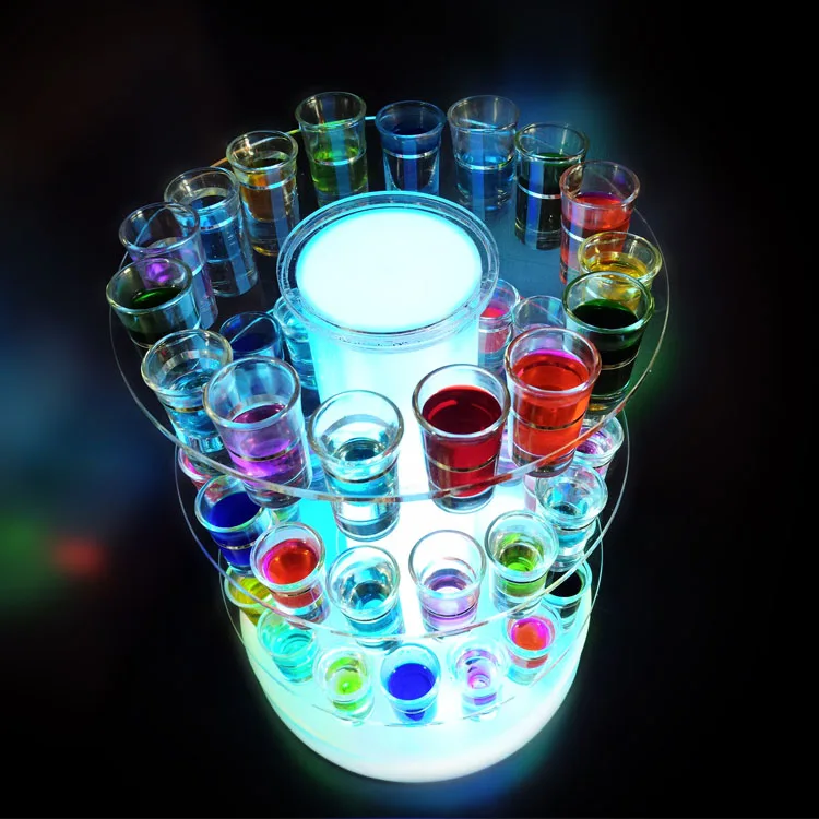 LED Lighted Acrylic Rotating Shot Glass Flight Tray Revolving Glasses Display Stand