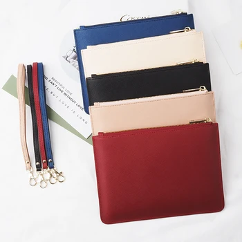 Simple design women genuine saffiano leather clutch bag purse with wrist strap