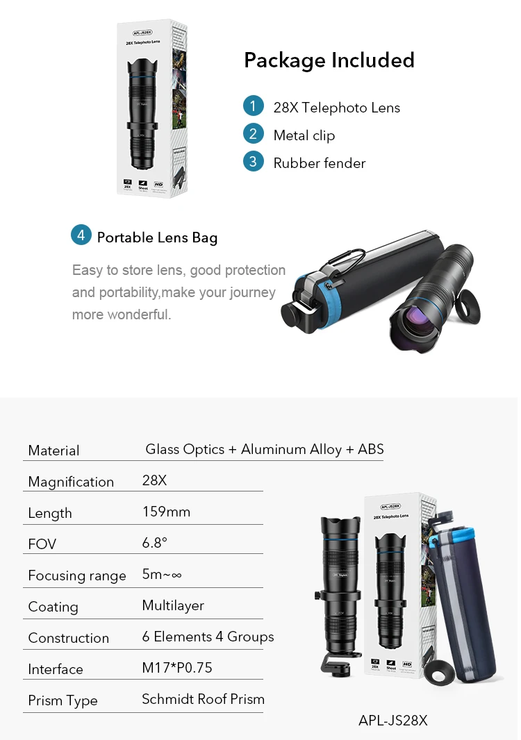 Apexel Universal 28X Mobile Phone Telescope Lens Telephoto HD Phone Lens Camera External Lens