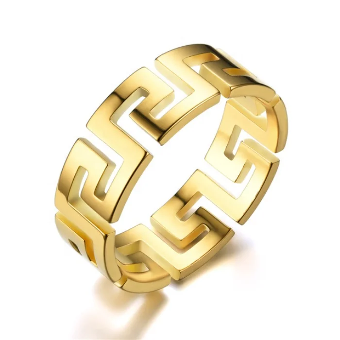 Hotsale Item Vintage Greek Key Pattern 18k Gold Plated Cheap Wholesale Stainless Steel Hollow Greek Key Eternity Band Ring