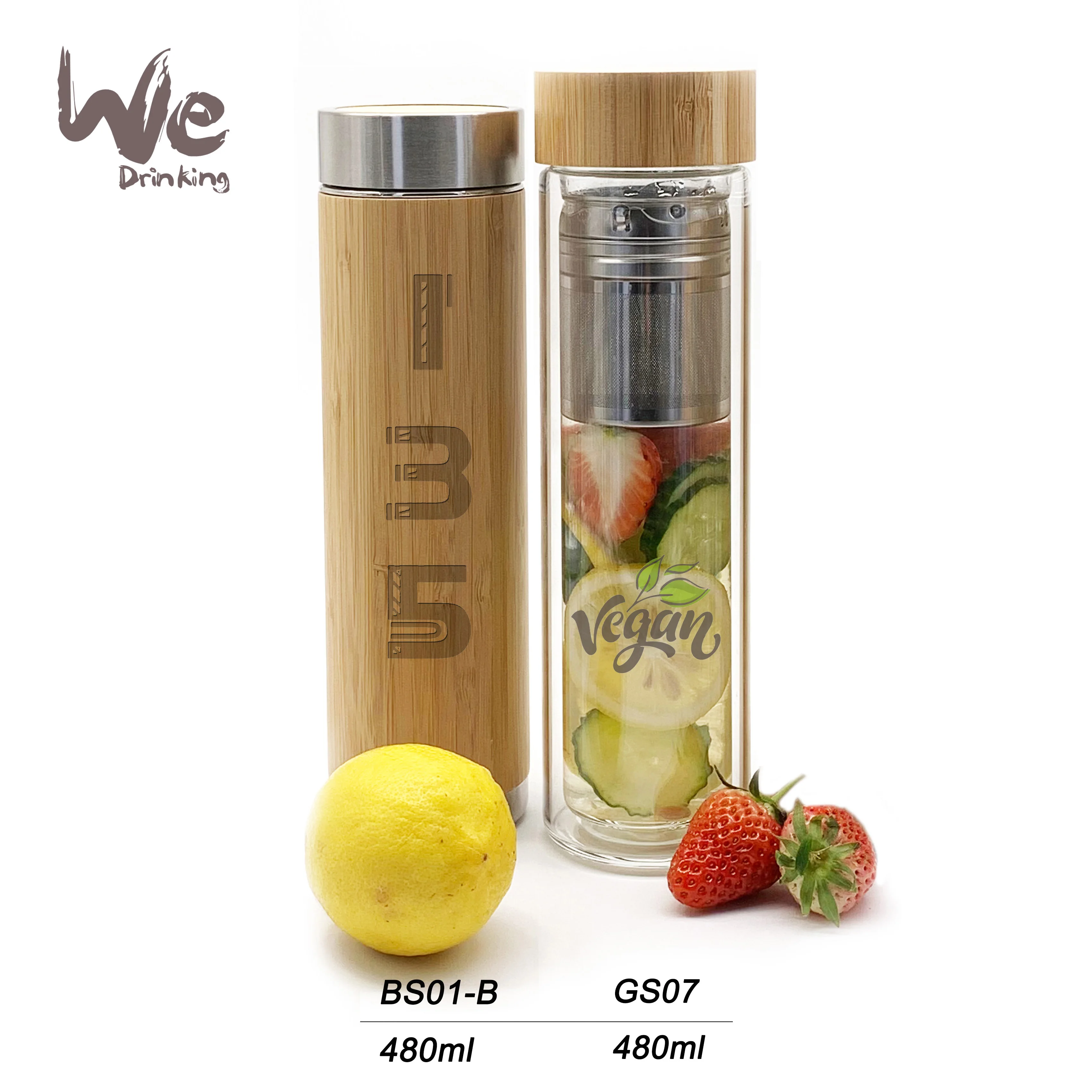 Glass 2Go Thermo Bottle with Strainer Filter and  Bamboo Cover for Outdoor Travel Office Hot and Cold Drink