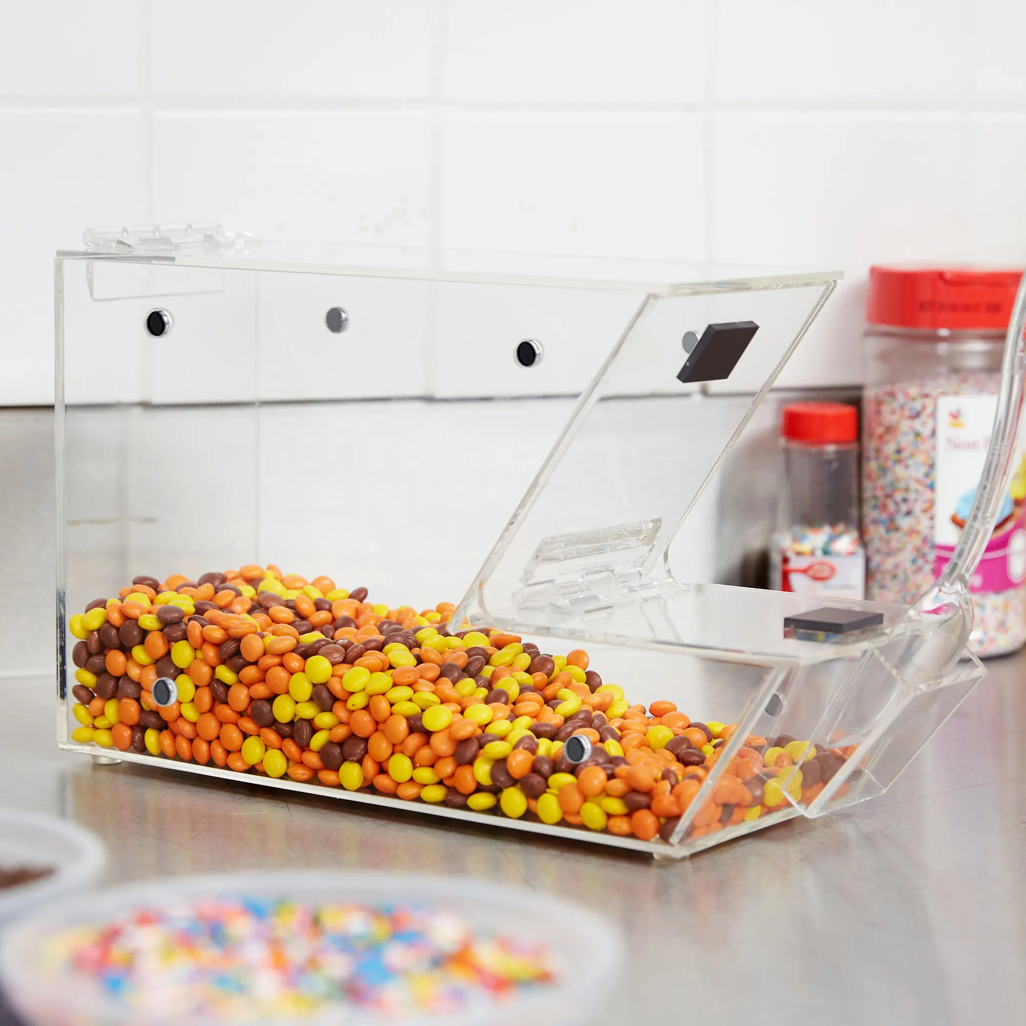 Clear Acrylic Stackable Candy Topping Dispenser with Scoop Holster