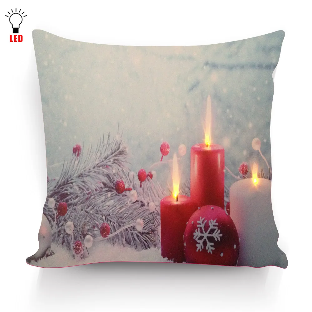 LED Light Up Christmas Holiday Pillow Cover Red Candle 