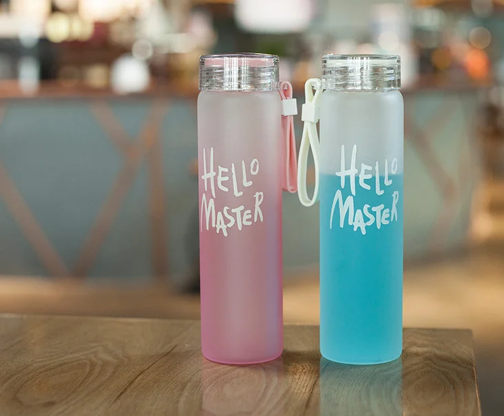 Reusable Glass Water Bottle High Quality 450ml with Lid Hello Master  Graphic