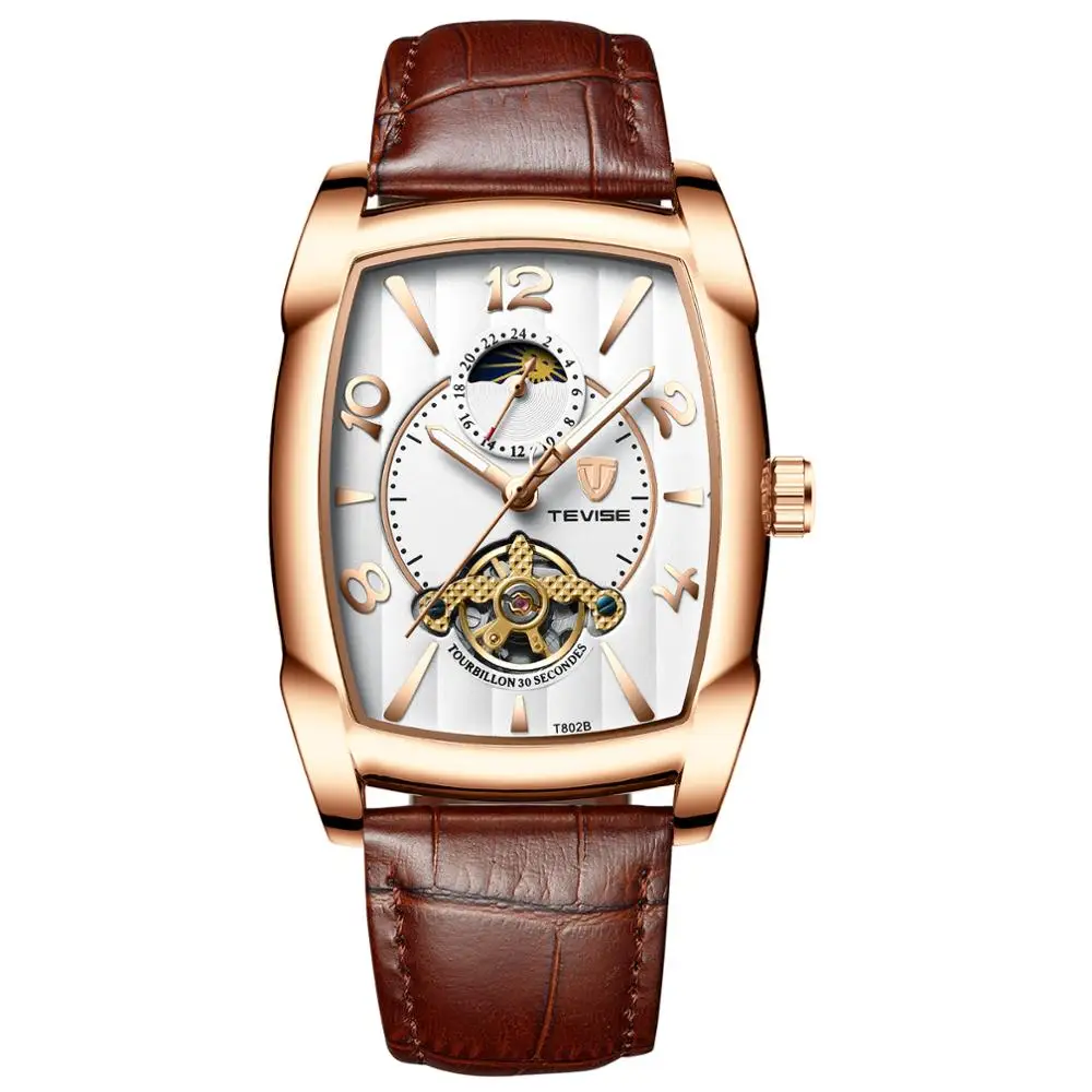 TEVISE Moon Phase Tourbillon Luminous square Shaped case Leather Automatic Mechanical Men Watch T802B