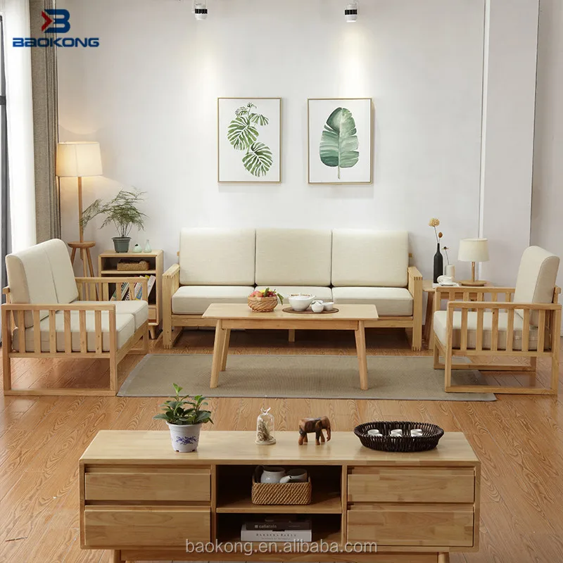 Solid Wood Frame Fabric Sofa Set Modern Living Room Furniture
