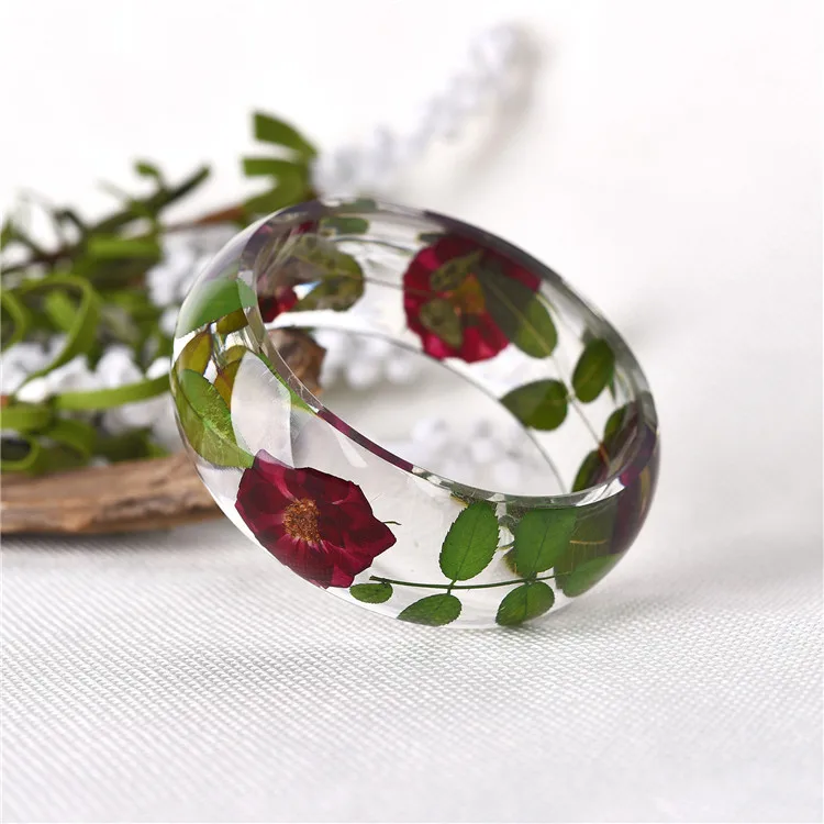 Handmade Lucite Plastic Dried Flower Clear Resin Bracelet Bangle