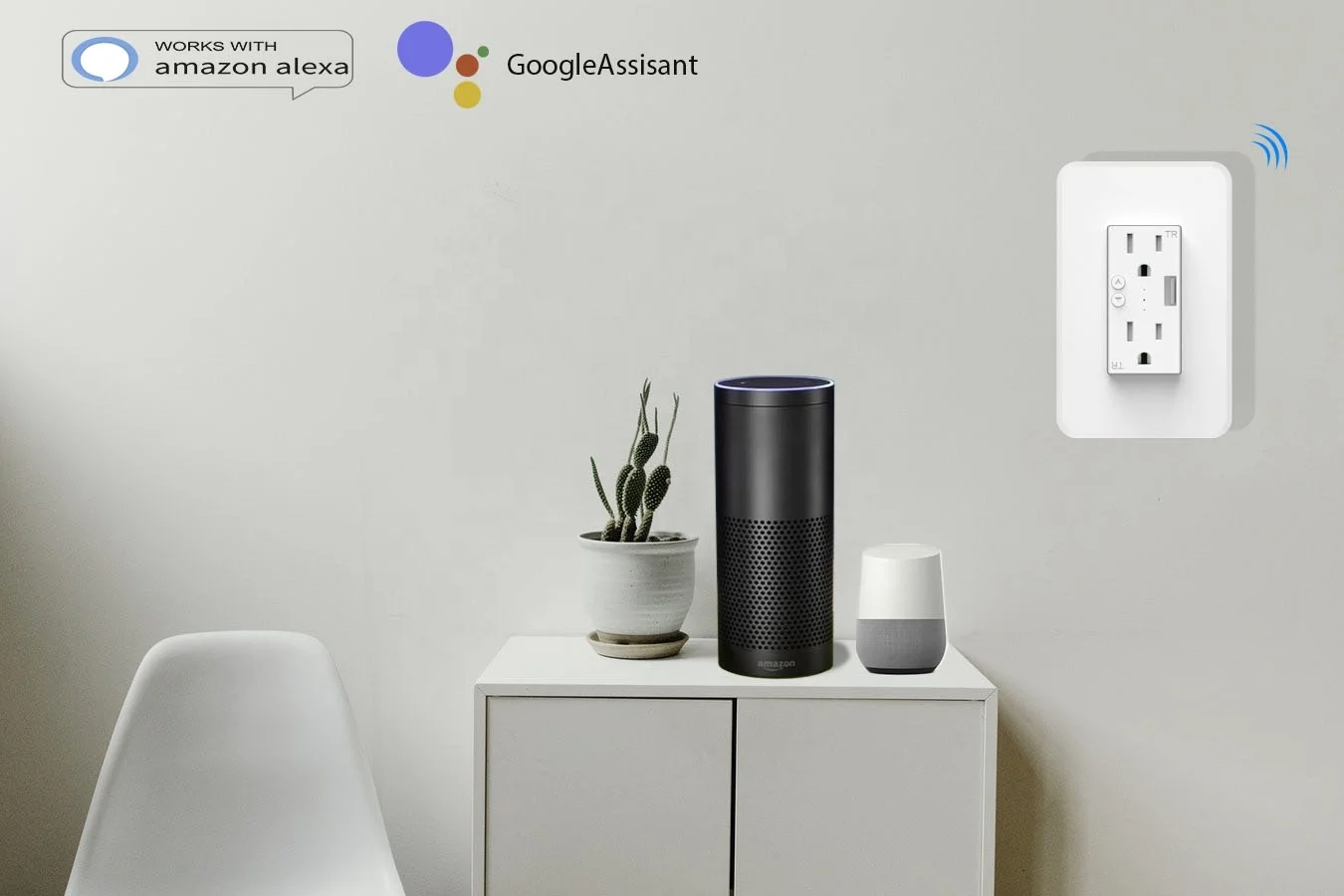 
 Настенная розетка с двумя USB-портами и поддержкой Alexa  