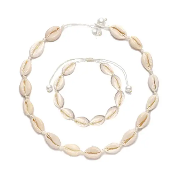 DDLmax Shell Jewelry Set for Women Hawaiian Seashell Choker Necklace Statement Adjustable Cord Necklace Bracelet Set 