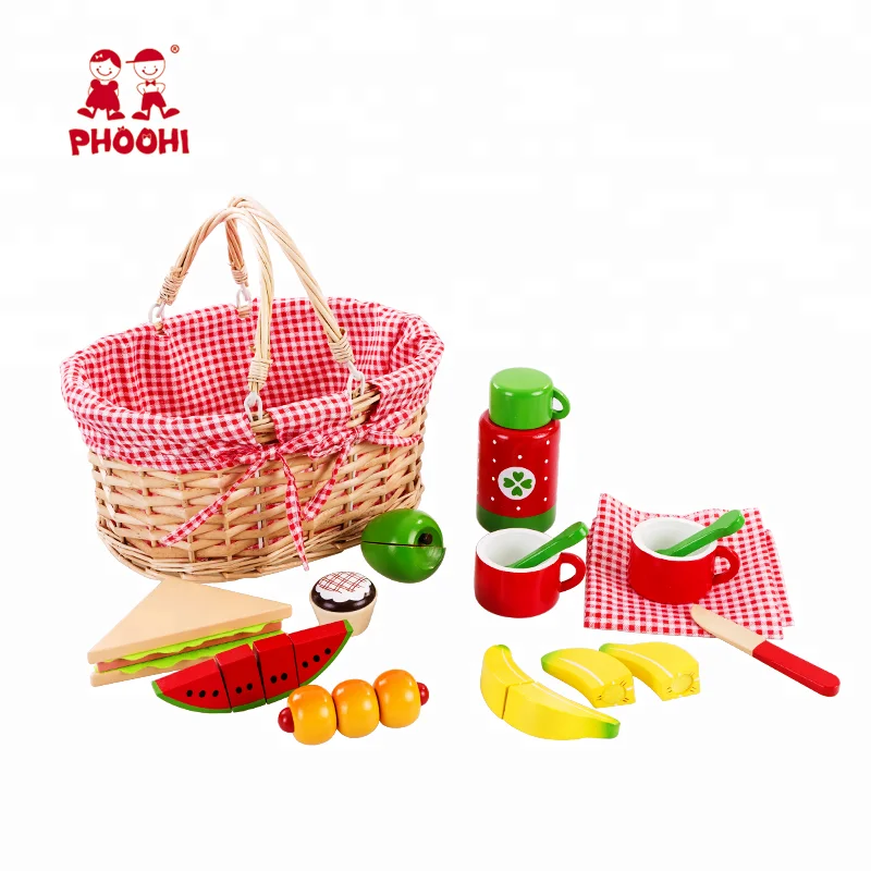 Food Kitchen Toy Set Wooden Picnic Basket Toy Kitchen Furniture Toy For