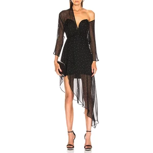 Black Silk Long Sleeve Asymmetrical Party Dress Women Dot Dresses Online