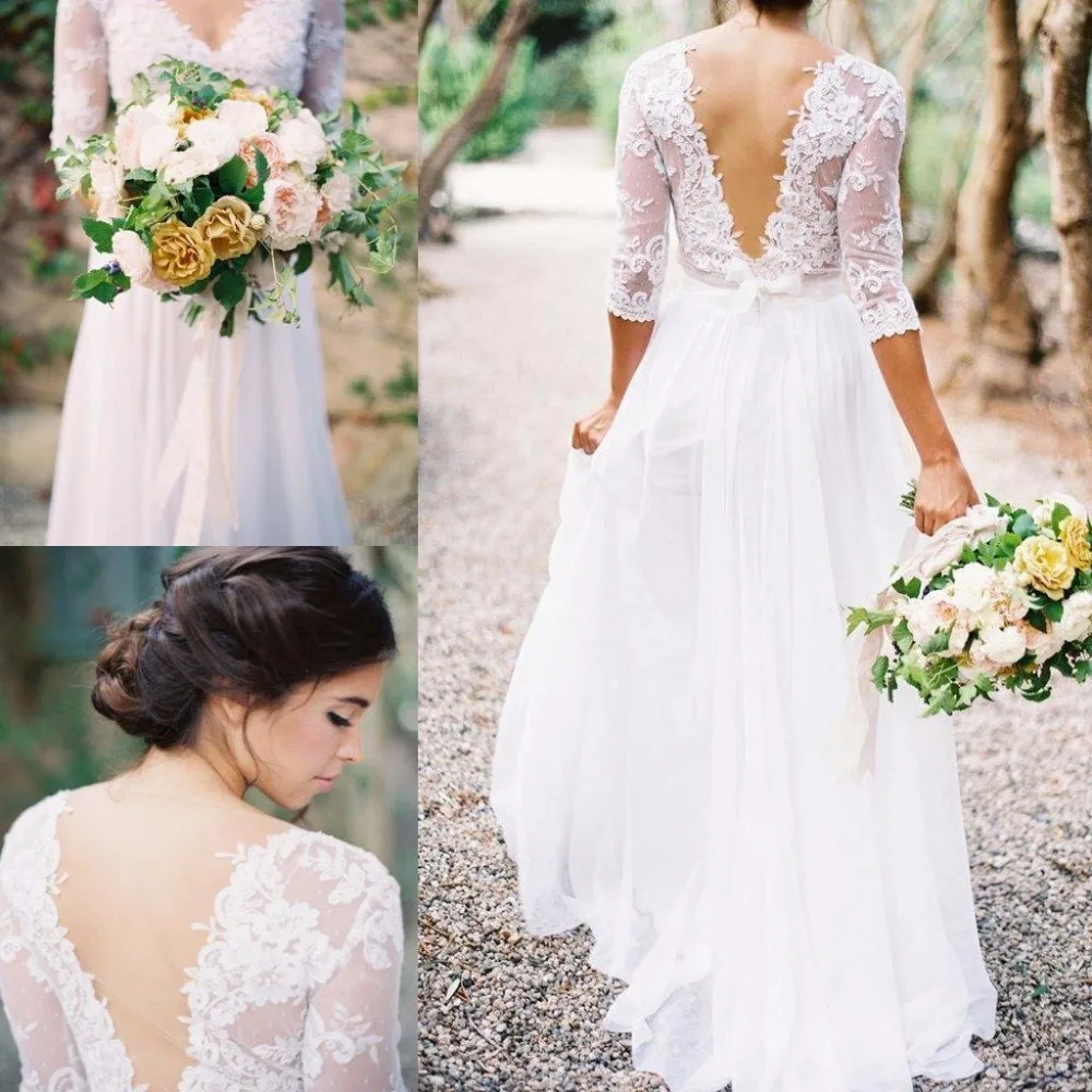 Lace Chiffon Bridal Dresses Boho Lace Dress V neck Half ...