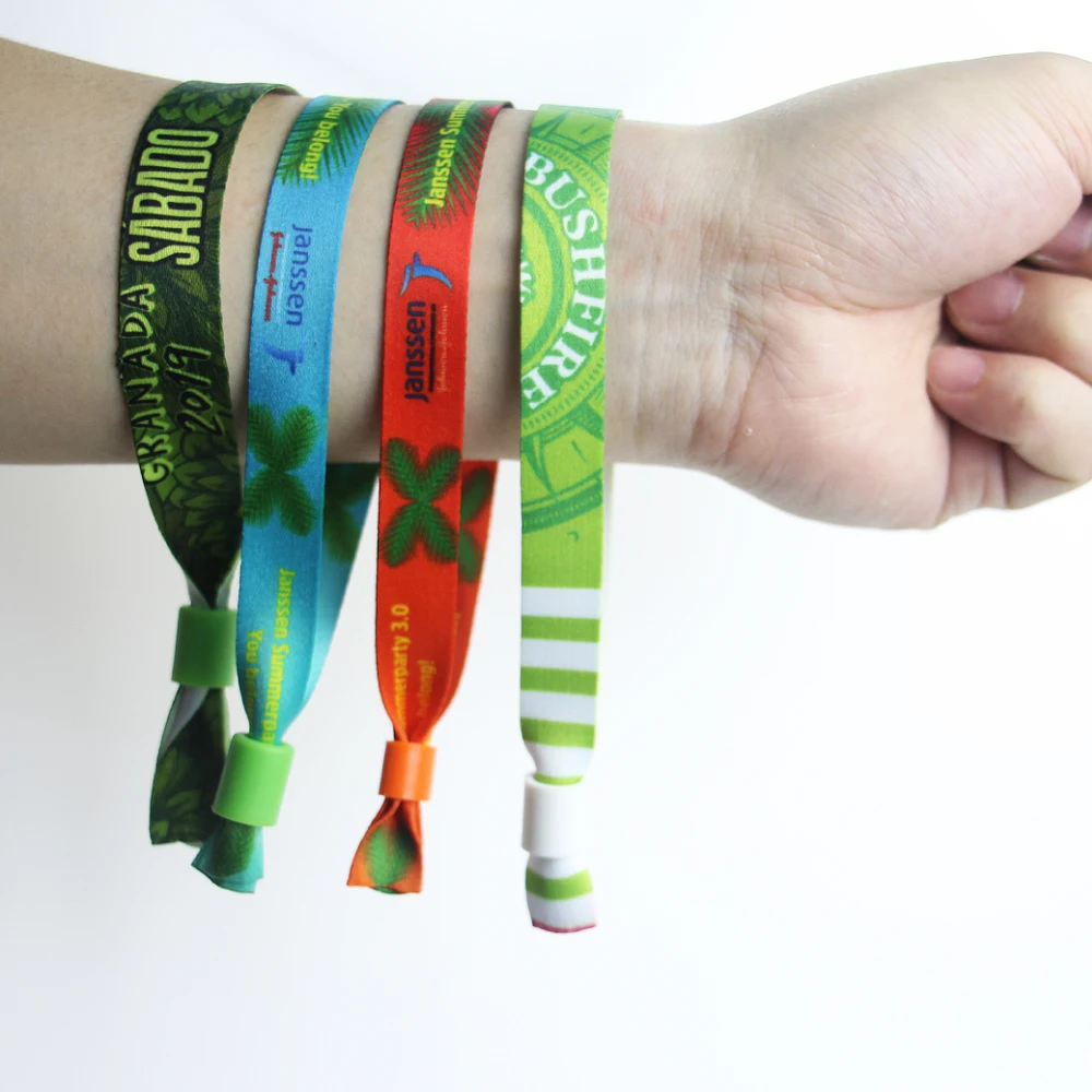 Free Design Plastic Tube Slide Lock Custom Woven Cloth Wristband for Events