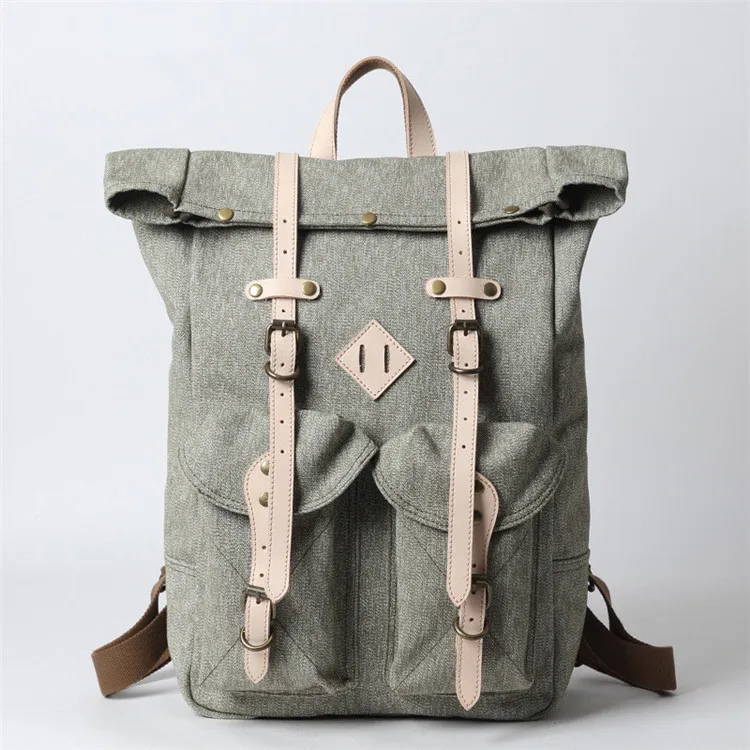 Vegetable Tanned Cow Leather With Canvas Vintage Mountaineering Rucksack Backpack Hiking bag