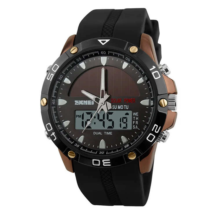 High Energe Sun Panel Solar Power Watch,Dual Time Wrist Watch with Silicone Strap